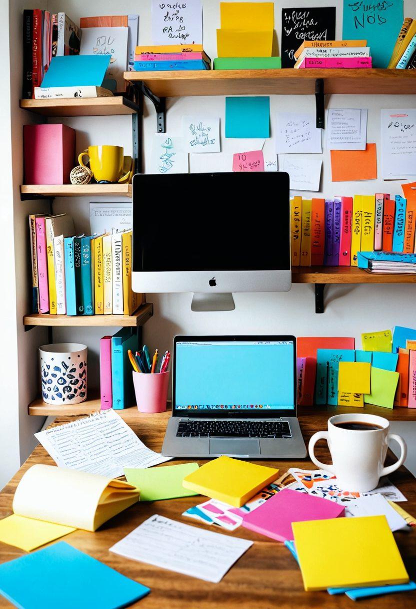 A whimsical workspace filled with colorful stationery, an open laptop displaying a blog post, and vibrant sticky notes with brainstorming ideas scattered around. In the background, an artistically designed bookshelf with creative books and a cozy coffee mug steaming beside the laptop. The atmosphere should evoke inspiration and creativity. super-realistic. vibrant colors. white background.