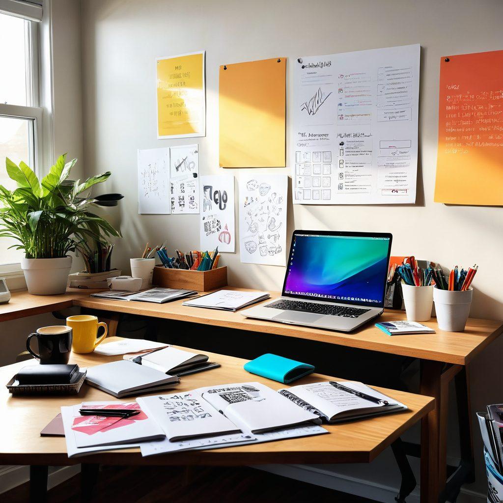 A vibrant and dynamic workspace filled with colorful notebooks, motivational quotes on the wall, and a laptop displaying creative designs. A coffee cup steams in the foreground, surrounded by sketches and art supplies, symbolizing inspiration and productivity. Bright sunlight streams through a window, enhancing the creative atmosphere. digital art. vibrant colors. white background.
