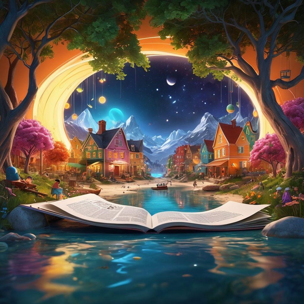 A colorful digital landscape depicting a storyteller sharing ideas with an engaged audience, featuring vibrant visuals of blog elements like pages and icons floating in the air, animated characters of diverse people captivated by the narrative, a glowing ambiance suggesting creativity and fresh concepts. super-realistic. vibrant colors. 3D.
